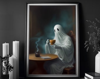 Ghost Drinking Coffee, Vintage Poster, Art Poster Print, Dark Academia, Haunting Ghost, Halloween Decor, Coffee Lover