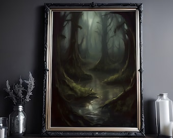 May include: A painting of a dark, mysterious forest with a winding stream running through it. The trees are tall and thick, and the air is filled with mist. The painting is framed in a black frame with a gold trim.