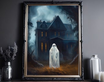 Ghost At The Mansion, Vintage Poster, Art Poster Print, Dark Academia, Haunting Ghost, Halloween Decor