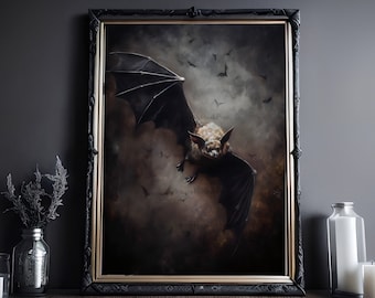 Bat In The Night, Art Poster Print, Dark Academia, Halloween Bat Print, Halloween Decor, Monster Print