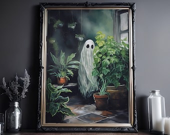 Plant Lover Ghost, Vintage Poster, Art Poster Print, Dark Academia, Haunting Ghost, Halloween Decor