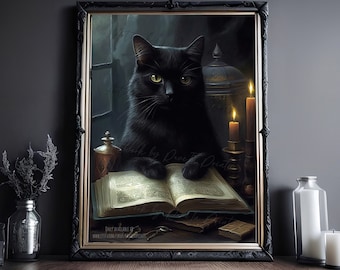 May include: A black cat with yellow eyes sits in front of an open book with two lit candles on a table. The cat is wearing a collar and has a serious expression on its face. The book is old and has a worn leather cover. The candles are in antique candle holders. The image is framed in a black frame with a gold trim.