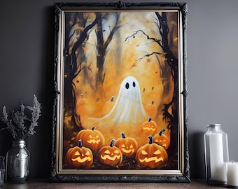 Ghost and Jack O Lanterns, Halloween Print, Vintage Poster, Art Poster Print, Dark Academia, Haunting Ghost, Halloween Decor