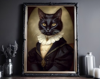 Renaissance Cat, Black Cat Print, Goth Home Decor, Art Poster Print, Dark Academia, Gothic Victorian