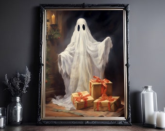 Ghost With Christmas Presents, Vintage Poster, Art Poster Print, Dark Academia, Haunting Ghost, Halloween Decor, Christmas Print