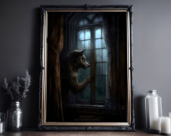 Werewolf In The Window, Art Poster Print, Dark Academia, Werewolf Print, Halloween Decor, Monster Print