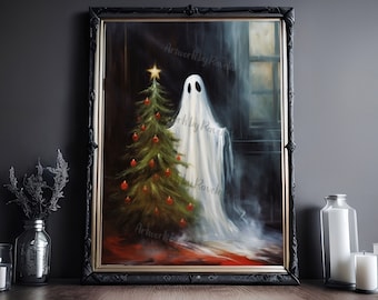 Ghost Decorating Christmas Tree, Vintage Poster, Art Poster Print, Dark Academia, Haunting Ghost, Halloween Decor, Christmas Print