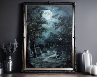May include: A framed painting of a graveyard at night with a full moon in the sky. The painting is in a dark blue and gray color scheme and features a variety of tombstones and trees.