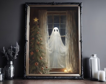 Christmas Ghost Looking In Window, Vintage Poster, Art Poster Print, Dark Academia, Haunting Ghost, Halloween Decor, Christmas Print