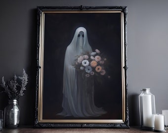 Ghost Holding Flowers, Vintage Poster, Art Poster Print, Dark Academia, Haunting Ghost, Halloween Decor