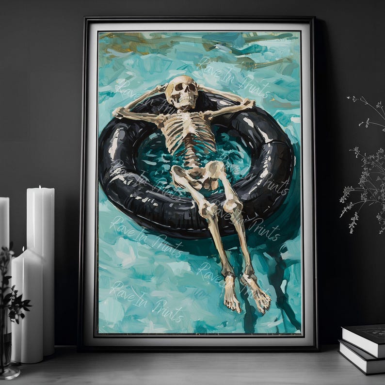 May include: A skeleton wearing a black inner tube floats in a turquoise pool. The skeleton is laying on its back with its arms outstretched and its legs crossed at the ankles. The water is rippling around the skeleton.