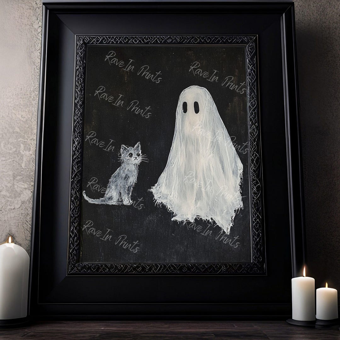 Ghost and Cat Print, Cat Lover Gift, Halloween Home Decor, Ghost Art ...