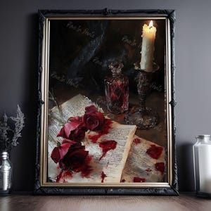 May include: A dark, moody painting of a still life featuring three red roses, a lit candle, a glass bottle of red liquid, and an open book with blood splatters on the pages.