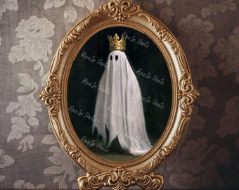 Ghost Wearing A Gold Crown, Spooky Whimsical Wall Art, Ghost Painting Print, Dark Art Decor, Dark Academia, Haunting Ghost, Halloween Decor