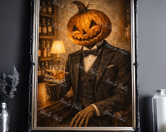 Jack Drinking Whiskey, Jack O Lantern Print, Eclectic Decor, Reading Lover Gift, Dark Academia, Halloween Print Decor, Bar Cart Decor