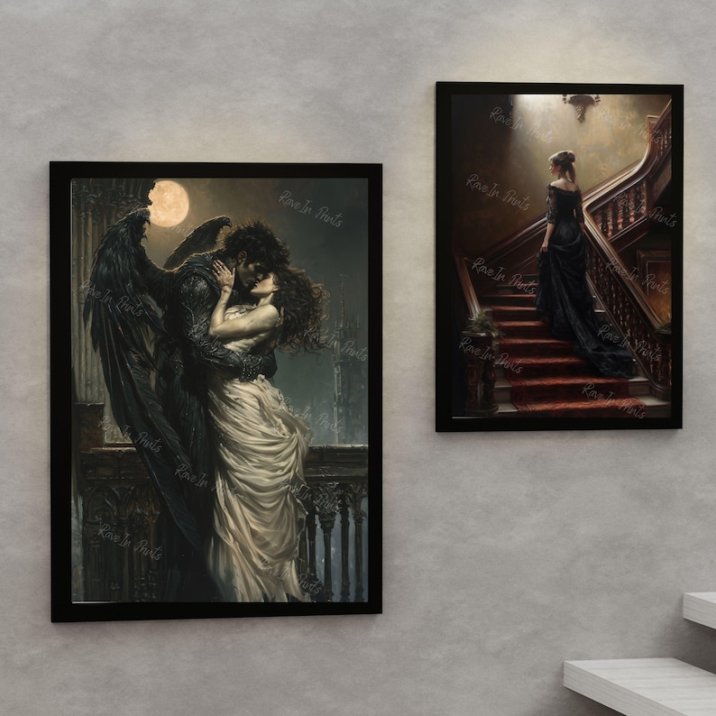 May include: Two framed paintings depicting a couple embracing under a full moon and a woman in a black dress standing on a grand staircase.