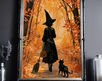 Witch and Familiar Going Through The Forest, Witch Decor, Halloween Decor, Black Cat Print