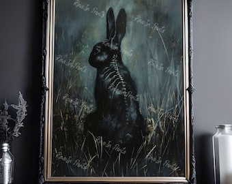 Black Hare In The Grass Painting, Moon Hare Print, Dark Cottagecore, Gothic Victorian Wall Art, Dark Academia, Dark Home Decor