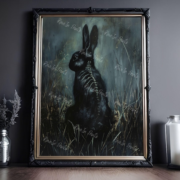 Black Hare In The Grass Painting, Moon Hare Print, Dark Cottagecore, Gothic Victorian Wall Art, Dark Academia, Dark Home Decor