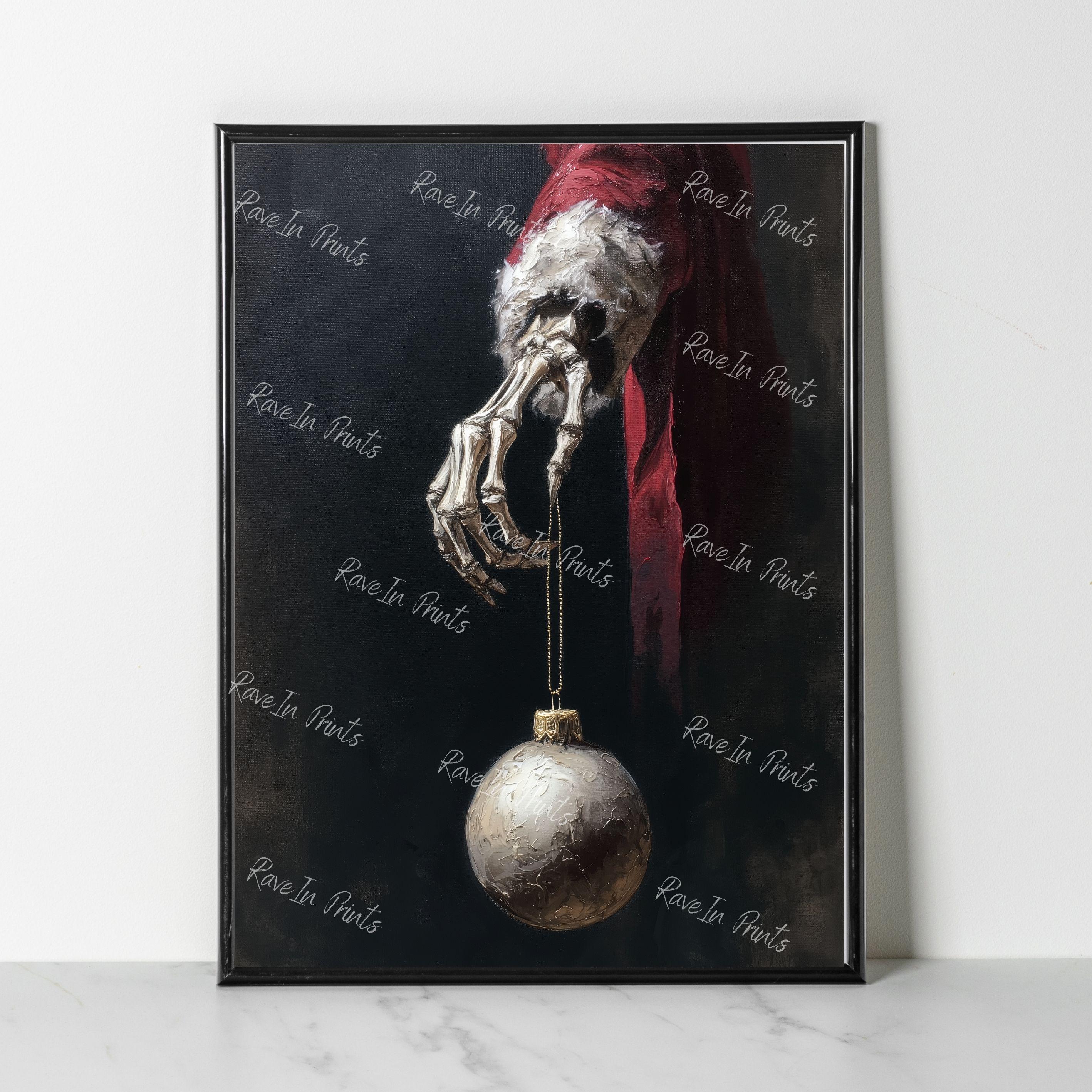 Santa Skeleton Holding an Ornament, Christmas Skeleton Painting