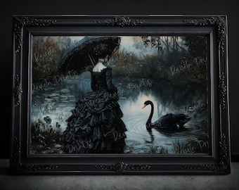Victorian Lady By The Pond Art Print, Black Swan Print, Gothic Home Decor, Vintage Poster, Art Poster Print, Dark Academia, Bookshelf Decor