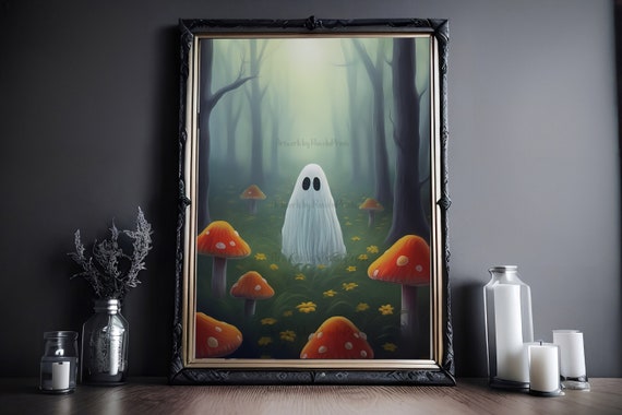 Ghost In A Mushroom Forest, Vintage Poster, Art Poster Print, Dark Academia, Haunting Ghost, Halloween Decor, Cottagecore