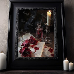 May include: A framed painting of a still life with a lit candle, a glass bottle of red liquid, and three red roses on an open book with blood-like stains.