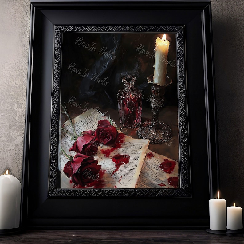 May include: A framed painting of a still life with a lit candle, a glass bottle of red liquid, and three red roses on an open book with blood-like stains.
