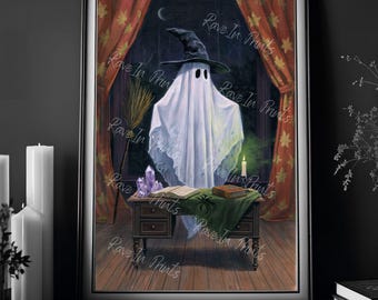 Witchy Ghost and Spell Book, Halloween Decor, Haunting Ghost Painting, Gothic Home Decor