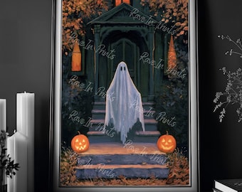 Ghost In Front of Halloween House, Halloween Print Decor, Fall Home Decor, Haunting Ghost Painting, Jack O Lanterns