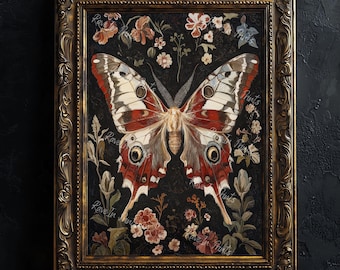 Dark Academia Moth Art Print, Insect Wall Art, Gothic Nature Illustration, Botanical Moth Painting, Gothic Home Decor, Dark Art Print