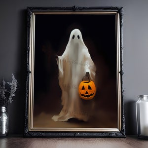 Ghost Holding A Jack O Lantern, Vintage Poster, Art Poster Print, Dark Academia, Haunting Ghost, Halloween Decor