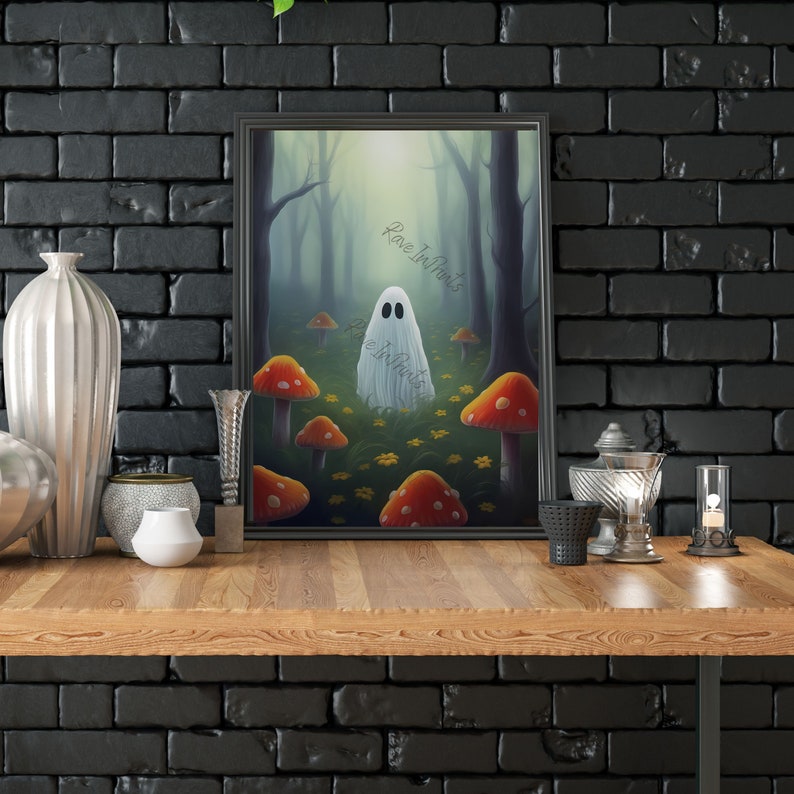 May include: A white ghost with black eyes stands in a forest with red and white mushrooms and yellow flowers. The text "Rave In Prints" is written in the top right corner of the image.