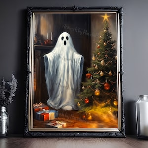 Ghost With Christmas Tree, Vintage Poster, Art Poster Print, Dark Academia, Haunting Ghost, Halloween Decor, Christmas Print