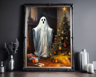 Ghost With Christmas Tree, Vintage Poster, Art Poster Print, Dark Academia, Haunting Ghost, Halloween Decor, Christmas Print