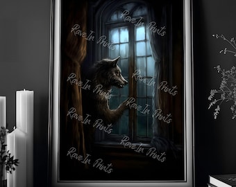 Werewolf in the Window Art Print, Gothic Werewolf Poster, Haunted House Decor, Spooky Halloween Wall Art, Horror Art Print