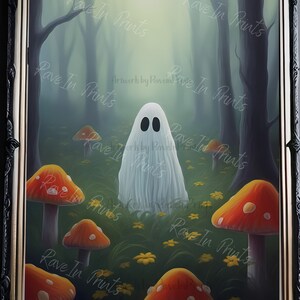 May include: A white ghost with two black eyes stands in a forest setting with a green background. The ghost is surrounded by red and yellow mushrooms with white spots.