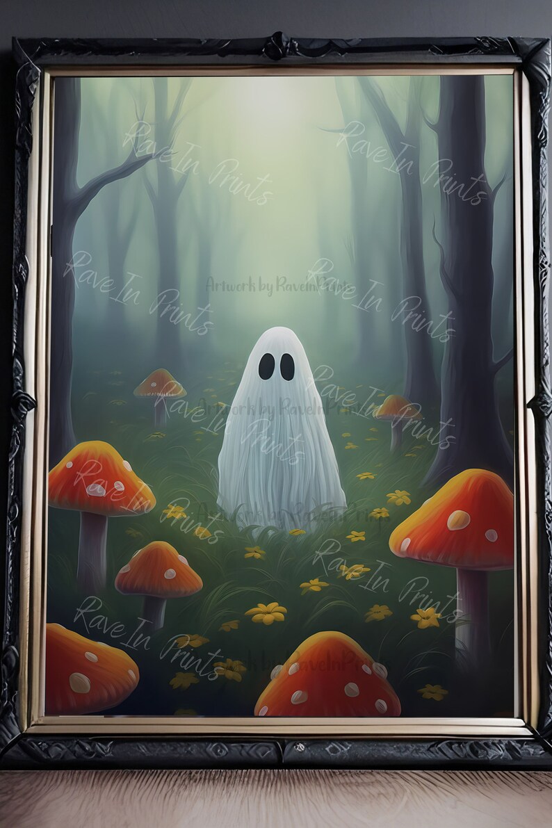 May include: A white ghost with two black eyes stands in a forest setting with a green background. The ghost is surrounded by red and yellow mushrooms with white spots.