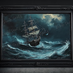 El capitán del barco, impresión de mares agitados, barco pirata, impresión de póster artístico, Dark Academia, fantasma inquietante, arte mural gótico, impresiones góticas