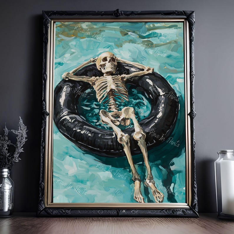 May include: A watercolor painting of a skeleton floating in a pool on an inflatable ring. The skeleton is wearing a relaxed pose with its arms outstretched and legs crossed. The water is a vibrant turquoise color and the ring is black.