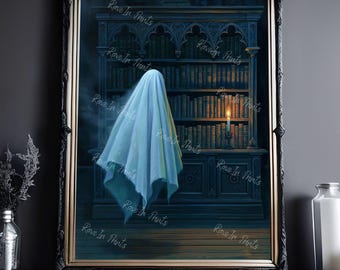 Ghost Picking Out A Book, Reading Lover Gifts, Haunting Ghost Painting, Gothic Home Decor, Halloween Decor