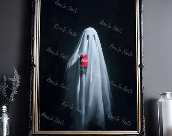 Ghost Holding A Soda, Funny Ghost Poster, Art Poster Print, Dark Academia, Haunting Ghost, Halloween Decor