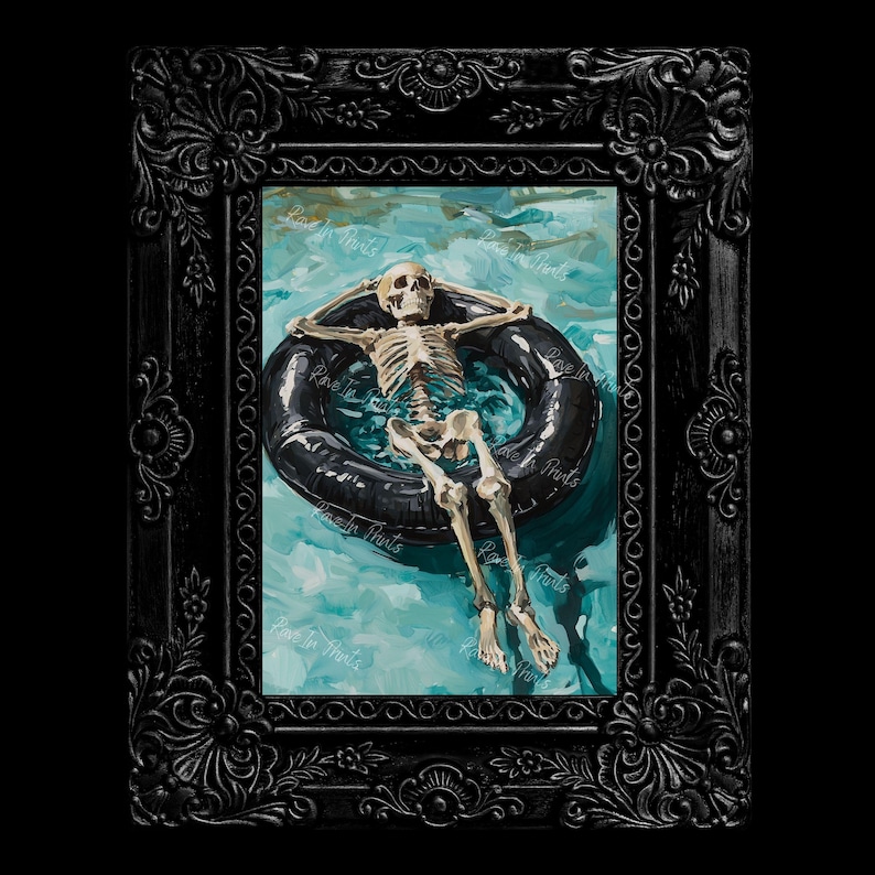 May include: A painting of a skeleton floating in a pool on an inflatable ring. The skeleton is wearing a relaxed pose with its arms outstretched and its legs crossed. The pool water is a vibrant turquoise color.