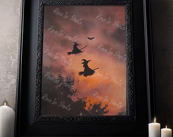 Witches In The Night, Witch Decor, Vintage Art Poster Print, Dark Academia, Gothic Victorian, Halloween Decor