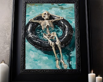 Skeleton On A Pool Float, Summerween Decor, Vintage Poster Print, Dark Academia, Dark Home Decor, Halloween Decor