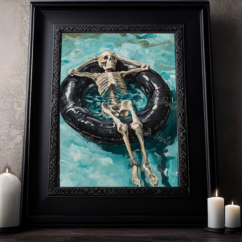Skeleton On A Pool Float, Summerween Decor, Vintage Poster Print, Dark Academia, Dark Home Decor, Halloween Decor image 1