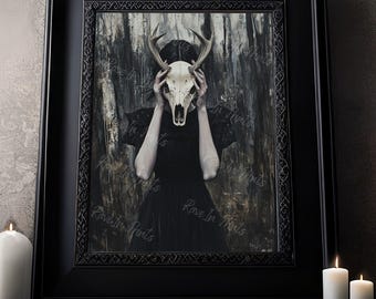 Forest Witch Print, Gothic Occult Poster, Witchcraft Print, Gothic Home Decor, Witchy Prints, Deer Skull Art Poster Print, Edgy Art