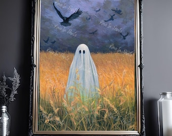 Ghost In A Wheat Field, Halloween Print Decor, Fall Home Decor, Haunting Ghost Painting, Gothic Home Decor