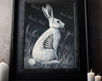 White Hare In The Grass Painting, Dark Cottagecore, Gothic Victorian Wall Art, Dark Academia, Dark Home Decor