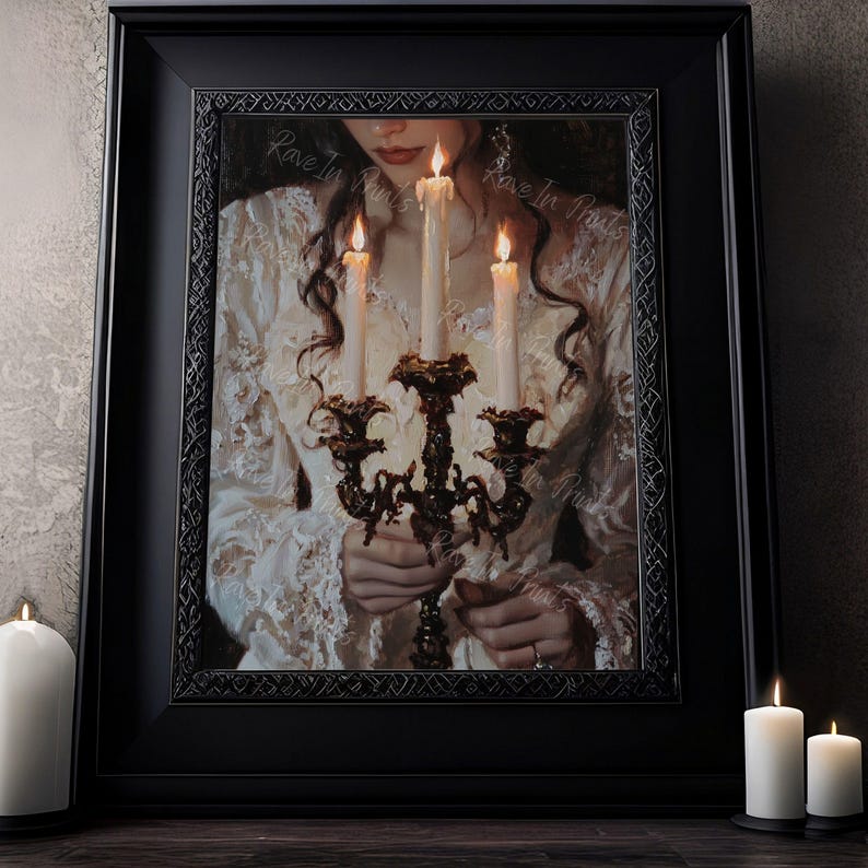 May include: A woman in a white dress holds a candelabra with four lit candles. The candles are white and the candelabra is ornate and dark brown. The woman's hands are visible, and she is looking down at the candles.